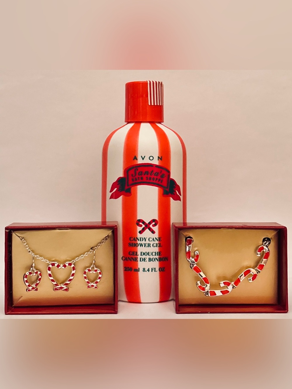 Avon Candy Cane shower gel + Candy Cane Confection necklace/earrings + bracelet